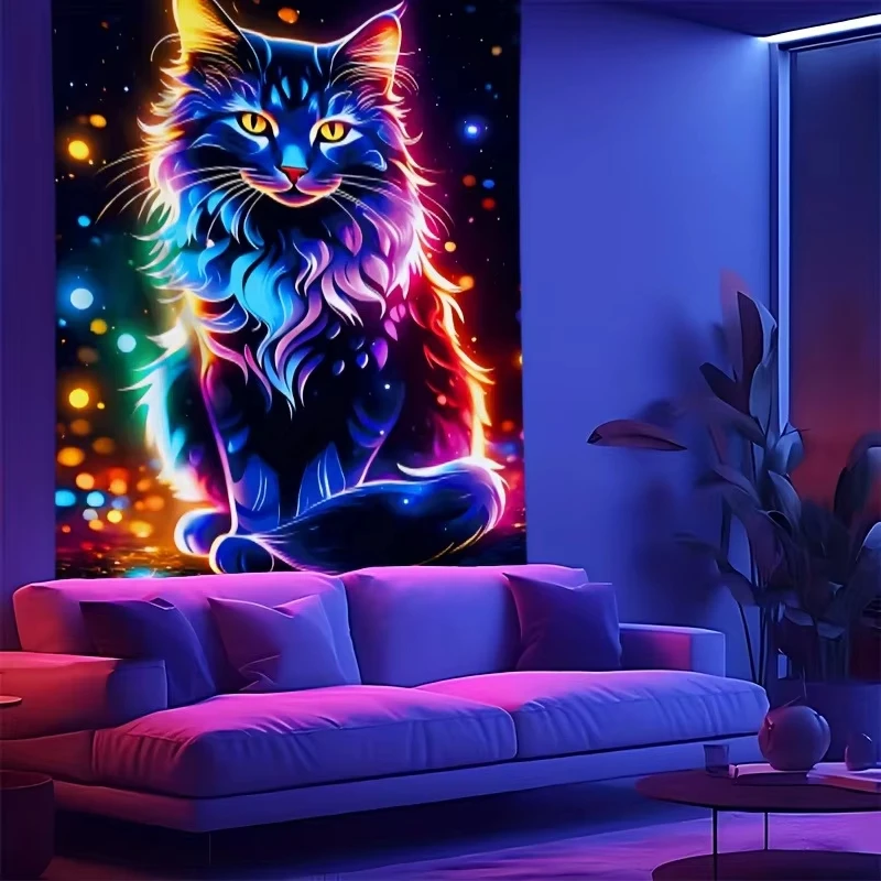 VIKAMA Illusion Neon Cat Tapestry Starry Sky Light Spots Background Living Room Bedroom Art Waterproof Dust Ins Style Decoration