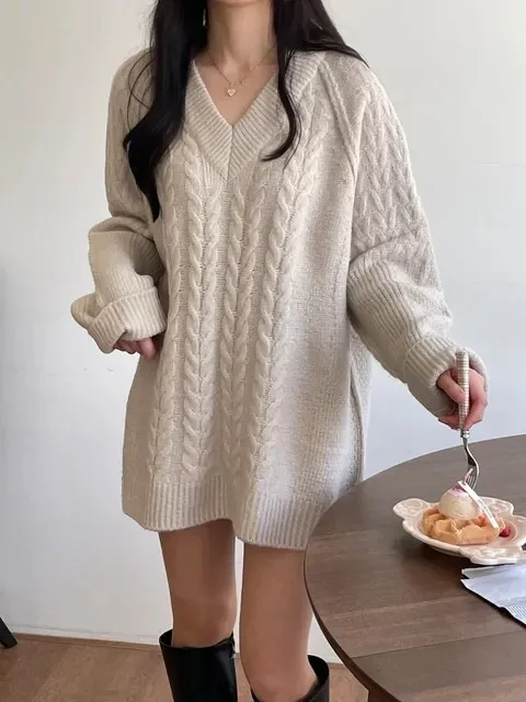 Autumn Winter Lazy Style V-Neck Twisted Knit Dress Women Casual Loose Versatile Mid-Length Dress Skirt Korean Style