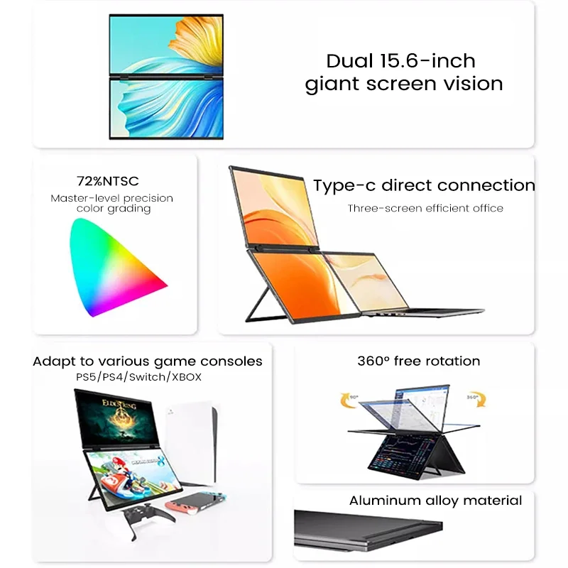 15.6 Inch Dual Touch Screen Portable Monitor 1080P FHD With 360° Flip External Screen For PC Laptop Mac Phone Xbox PS4/5 Switch