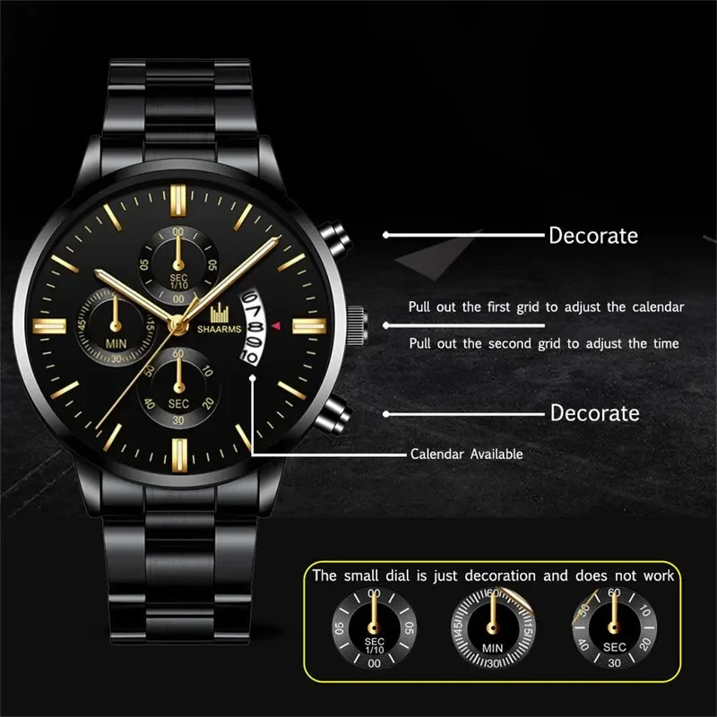 Mens Fashion Business Quartz Watch Fashion Fake Three Eye Six Pin Calendar Men Watch Stainless Steel Belt Mens Watches