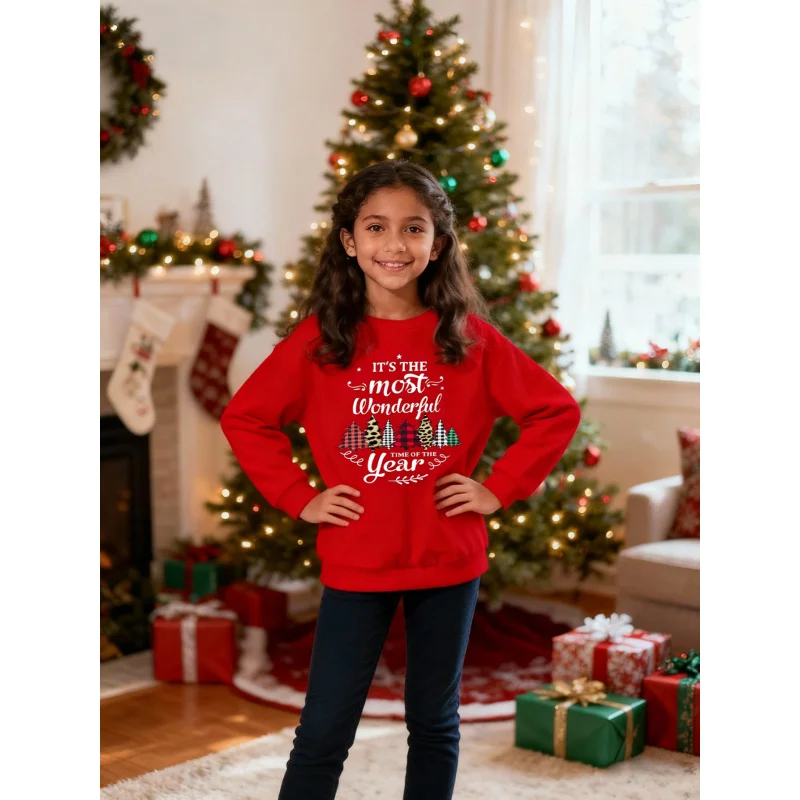 

Girls Christmas Sweatshirt 2026 Children's round Neck Long Sleeve Top Christmas Tree Print
