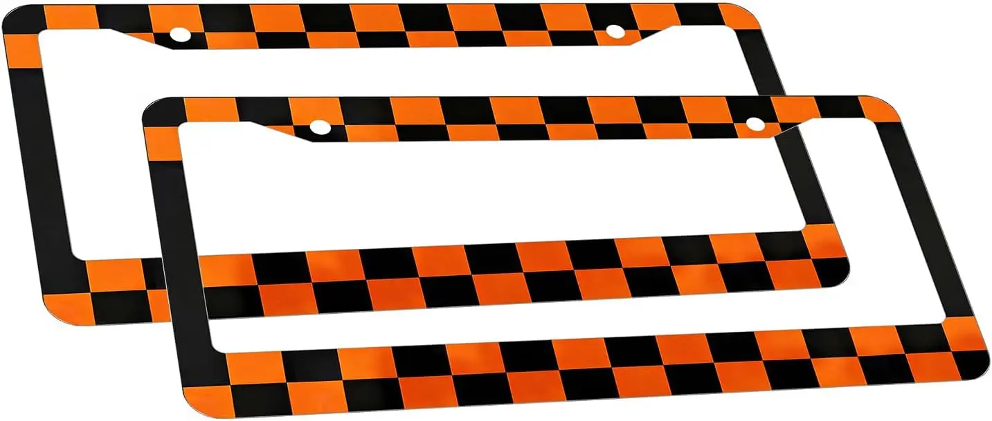 Racing Checkered License Plate Frame, 2 Pack Orange Black Checkerboard Car Tag Holder, Durable Aluminum License