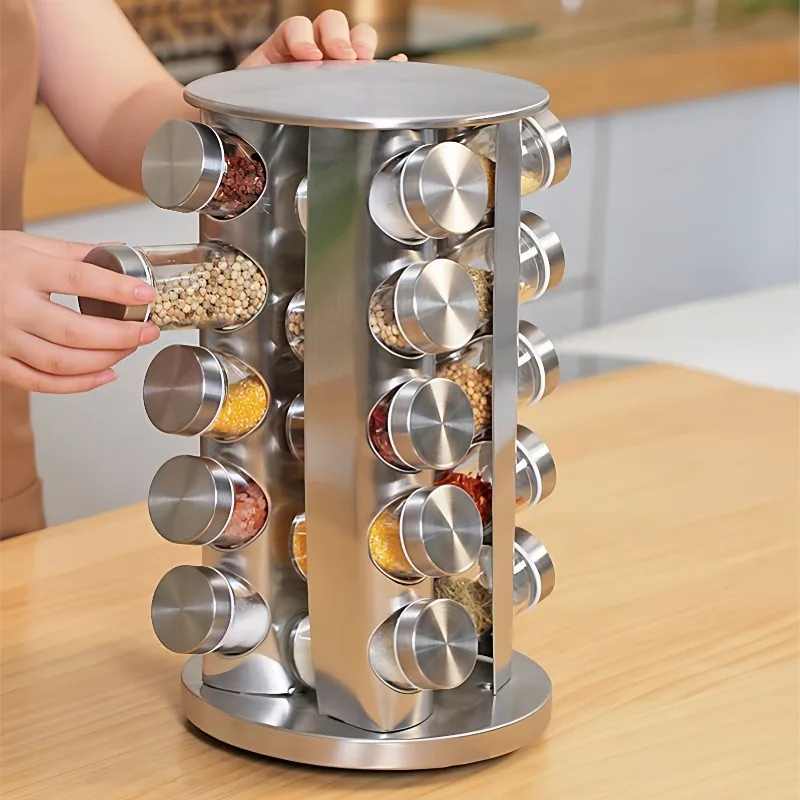 Kitchen supplies 430 stainless steel glass rotating multi-layer seasoning tank set seasoning cup light luxury storage rack