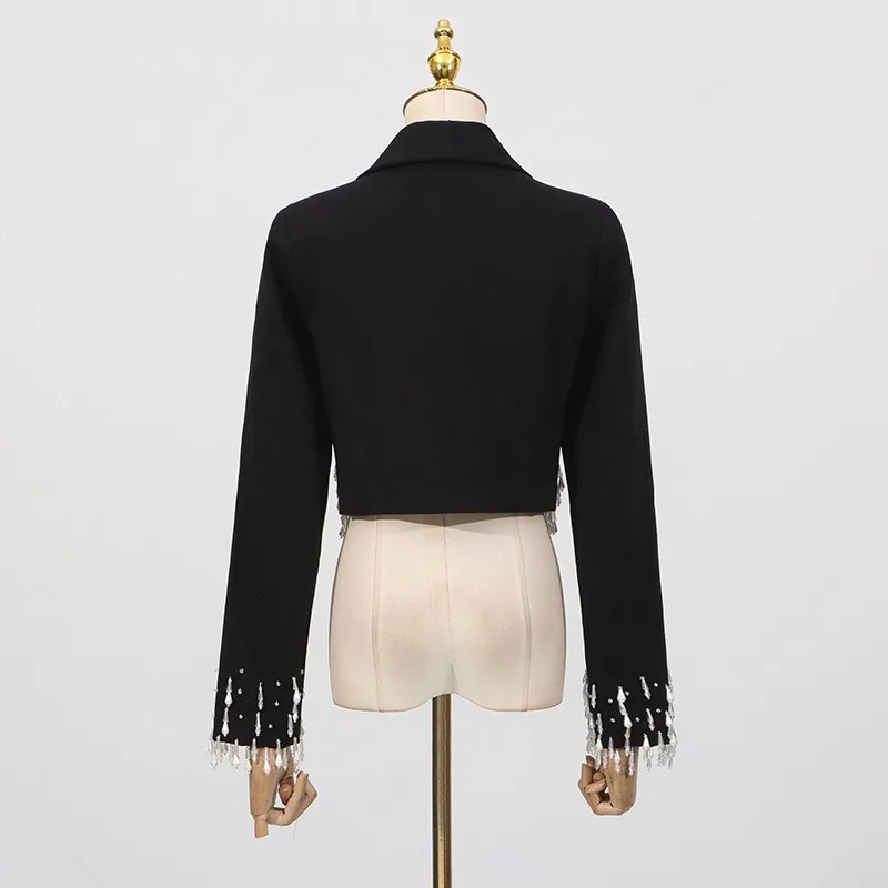 Patchwork Long Sleeve Suit Cropped Commuter Chic with Rhinestone Jacket Concealed Button Closure Elegant Fall Women Jacket