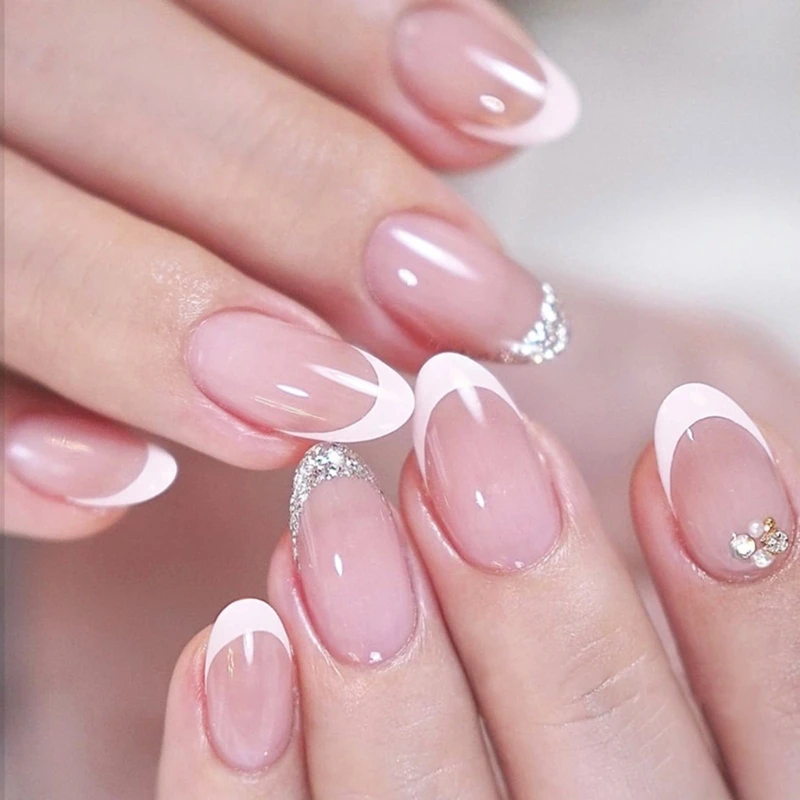 24Pcs Almond False Nails French Tip with Glitters Designs Press on