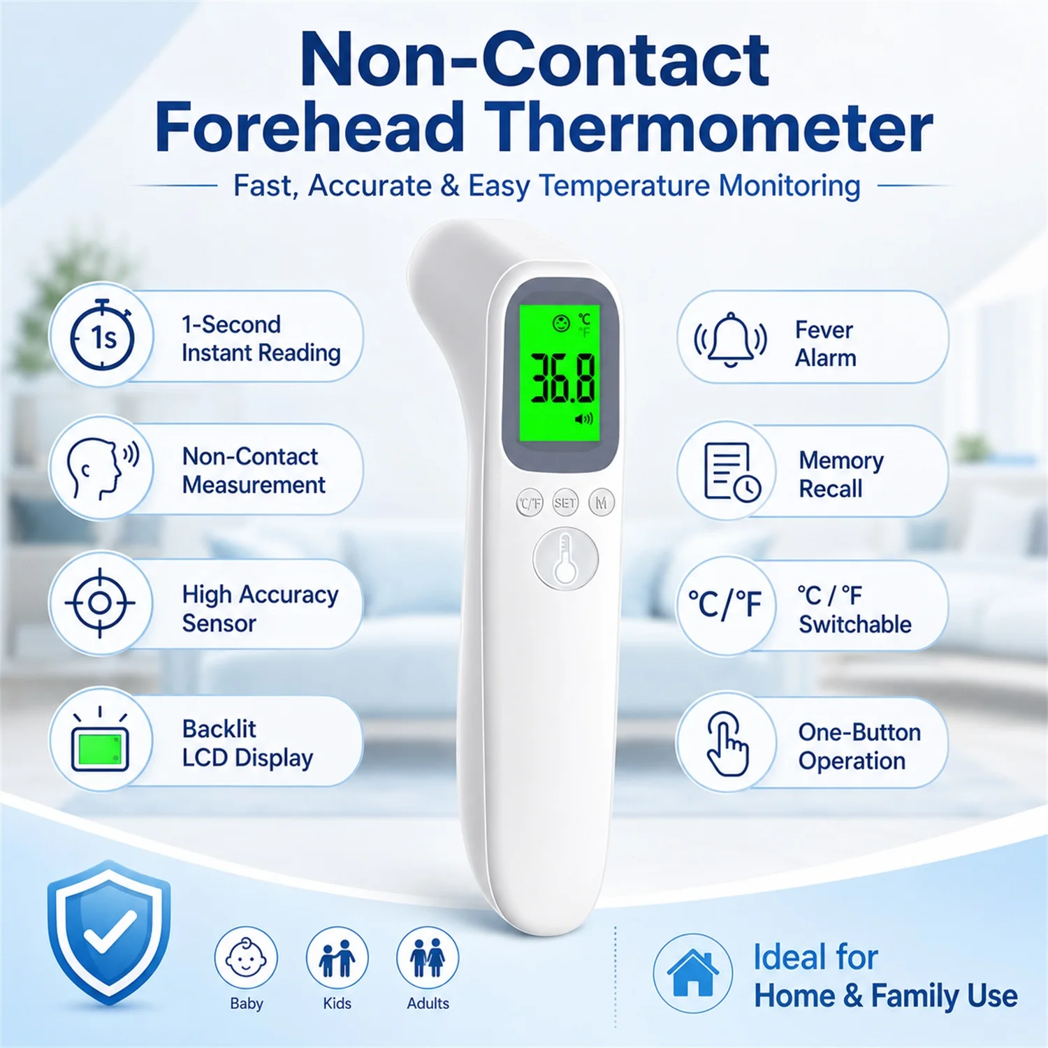 Non-contact Baby Fever Thermometer Medical Body Detector Infrared Thermometer Tri-color Quick Temperature Body or Surface Mode