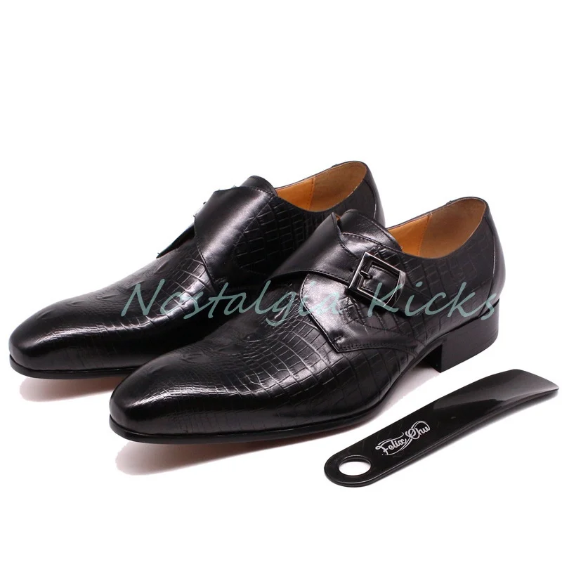 ヴィンテージレッドクロコダイルエンボスドレスシューズモンクストラップ本革シングルバックルローファーカジュアルポインテッドトゥオックスフォード男の靴