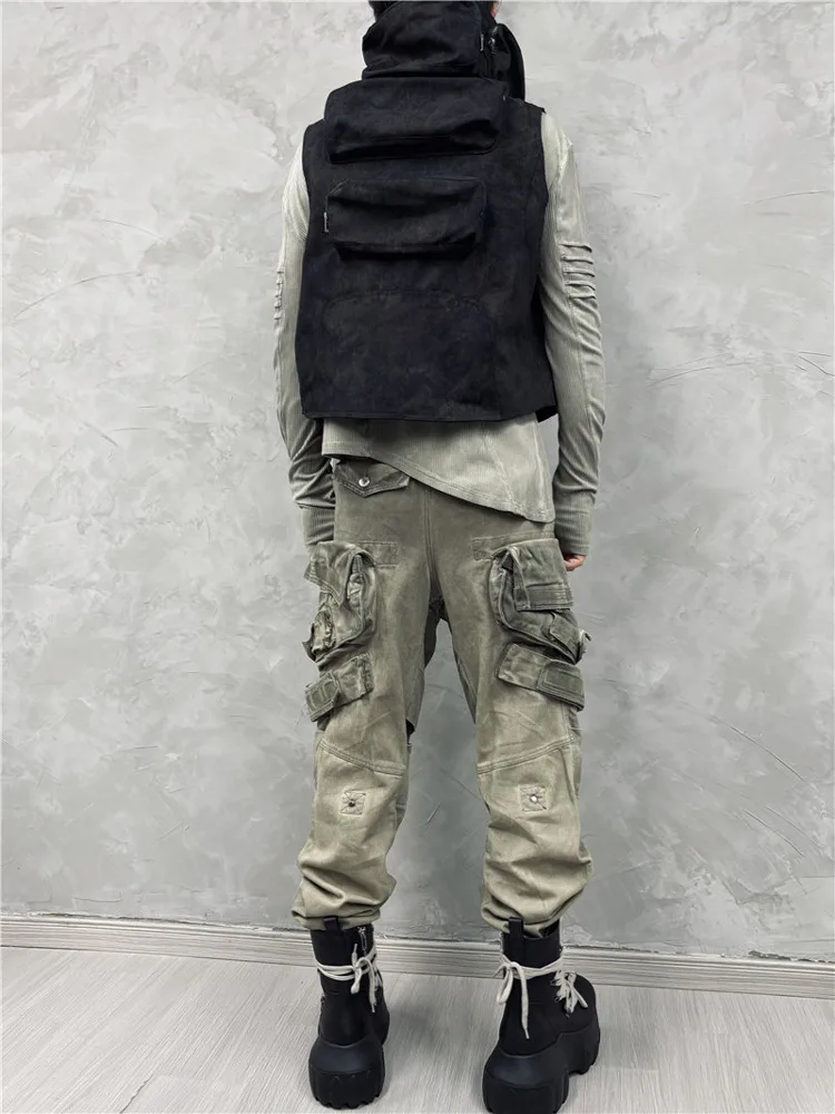 Heavy Retro Vest Mens Waste Soil Wash Water Splicing Three-dimensional Patch Bag Tactical Stand Collar Casual Shoulder Jacket