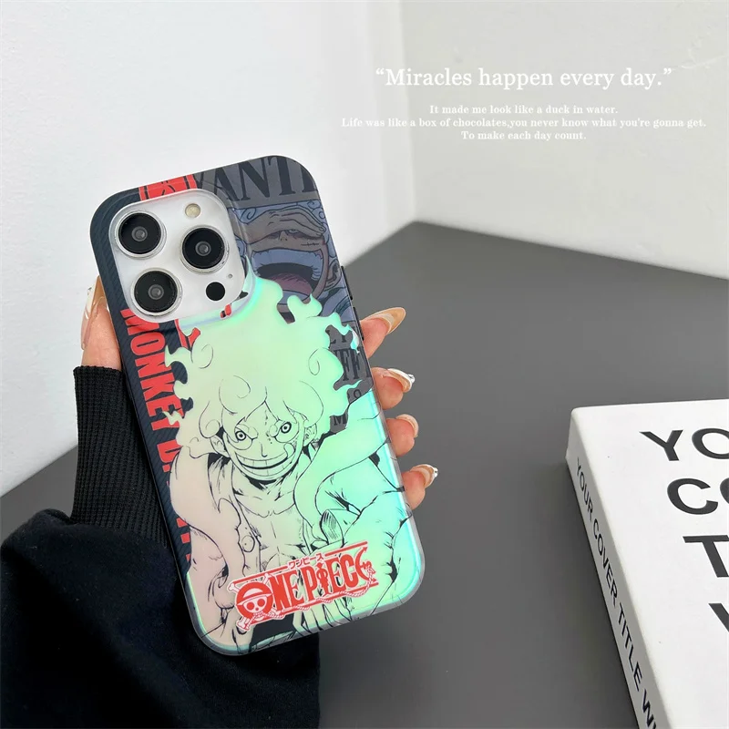 Cute Laser ﻿Anime Monkey D Luffy One Piece Gear 5 Phone Case For iPhone 16 15 14 13 12 11 Pro Max Shockproof Bumper Cases Cover