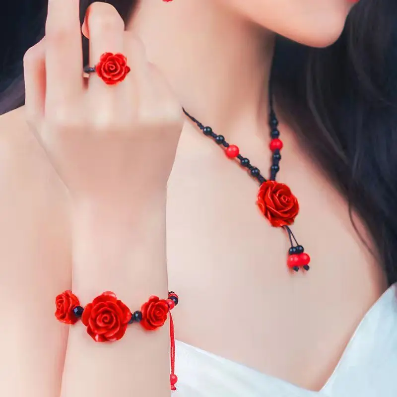 Vintage Lucky Red Rose Floral Jewelry Set for Women Graceful Joker Necklace Earrings Bracelet Rings Lady Neck Accessories 2022