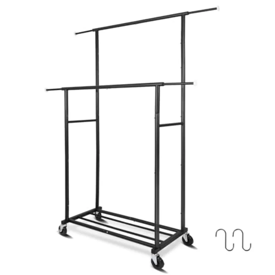 

Stand Portable Double Rods Garment Clothes Rack with Rolling and Lockable Wheels Mobile 48" W x 15" D x 67" H Metal Simple Hang