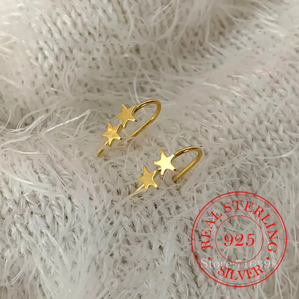 

925 Sterling Silver Jewelry 18K Gold Plated Double Star Stud Earrings for Women Wedding Party Jewelry For Girls Friend Gift