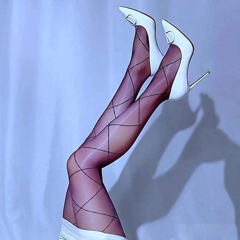 

Crossed Bandage Print Stockings Wide Waistline Control Top Slim Fit Fashion Pantyhose Oil Glossy Dance Clubwear Nylon Tights