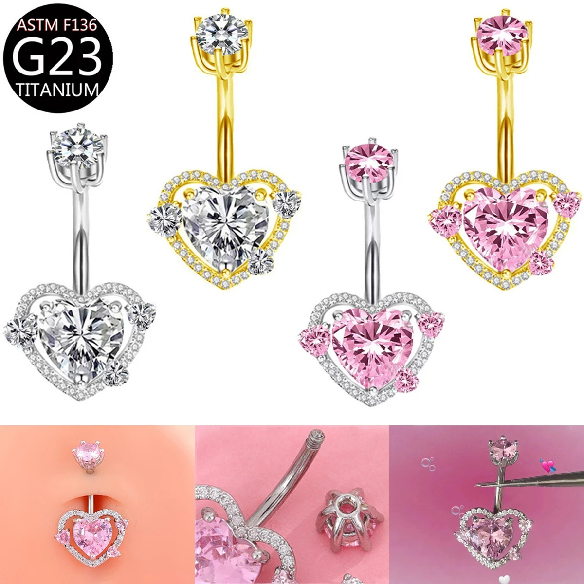 Ins Niche Exquisite Luxury Halo Pave Heart Belly Ring Titanium Internal Thread Hypoallergenic Pink White Navel Piercing Jewelry