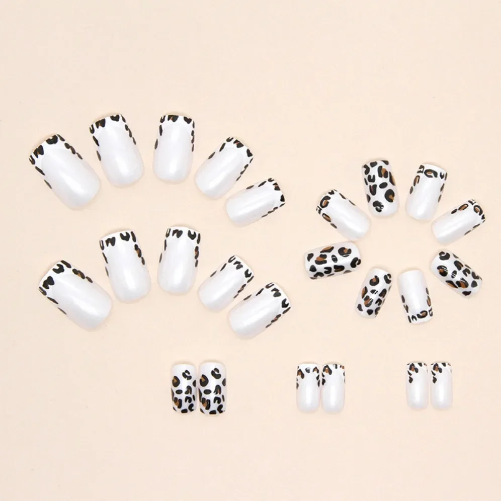 24P/Set Aurora French Leopard Medium Long Square Head Fake Nails Art Artificial Acrylic False Nails Removable Press on Nail Tips