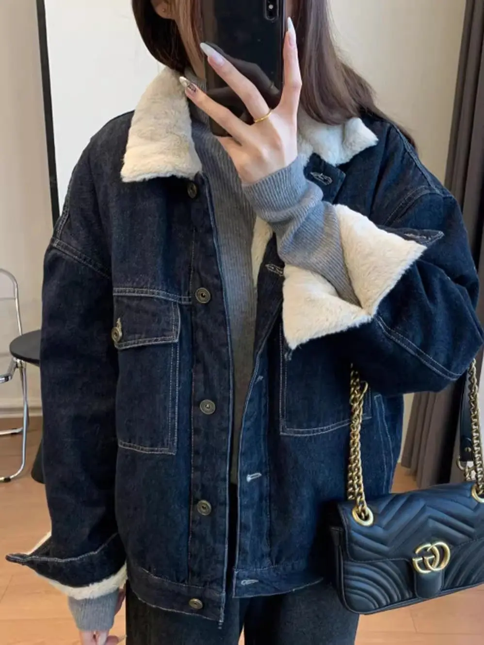 

Denim Coat Long Sleeve Woman Fur Plush Womens Fall Regular Fit Sweet Girl High-End Commute Breathable Buttoned Hooded Quilted OL