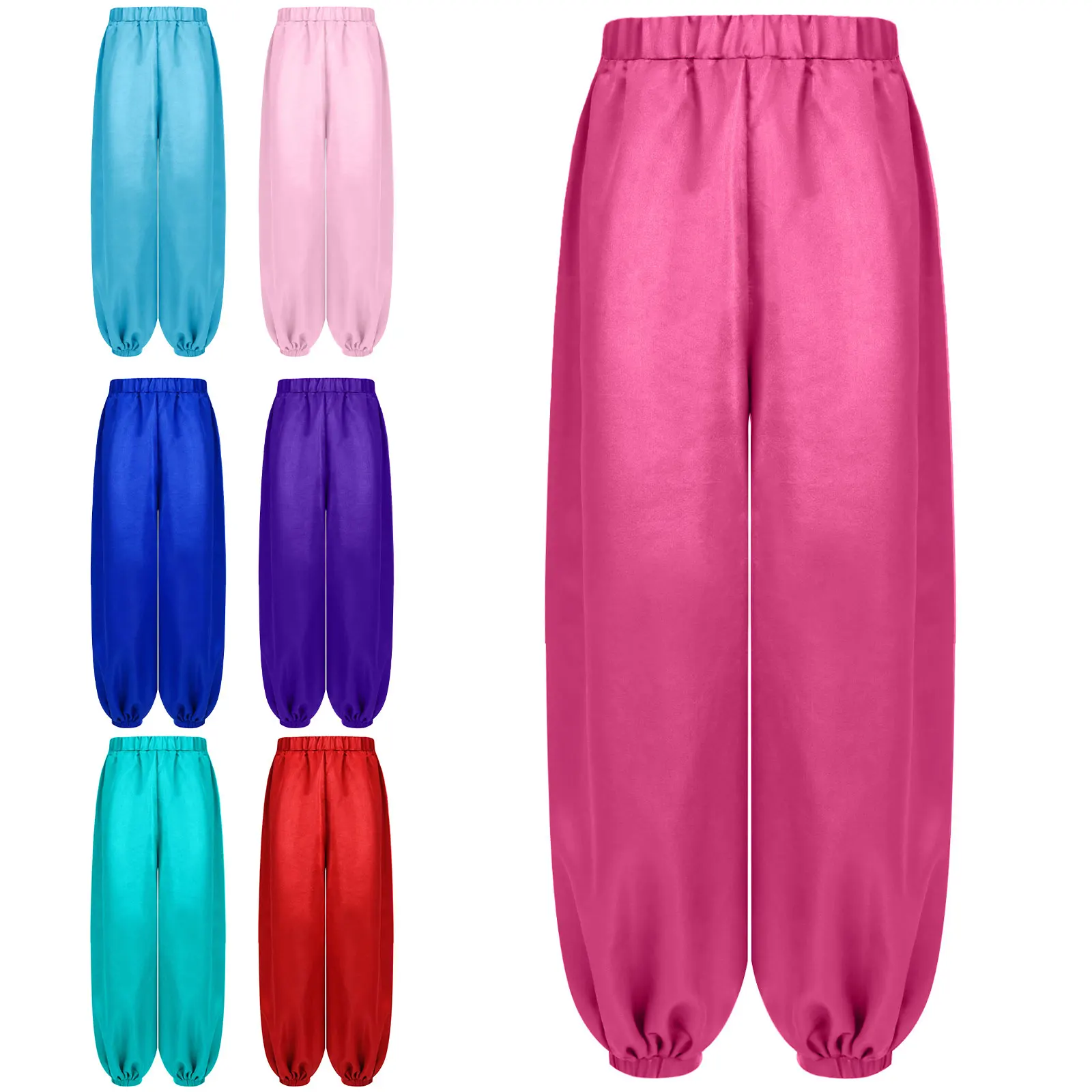 

Girls Belly Dance Pants Casual Loose Solid Color Pants Elastic Waistband Satin Bloomers Stage Performance Theme Party Trousers