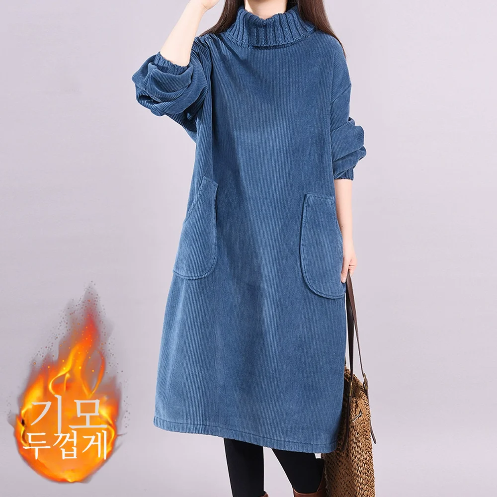 Leak-picking Counter Famous Foreign Trade Women Retro Corduroy Hoodie Long Dress Thickened Turtleneck Corduroy Dress