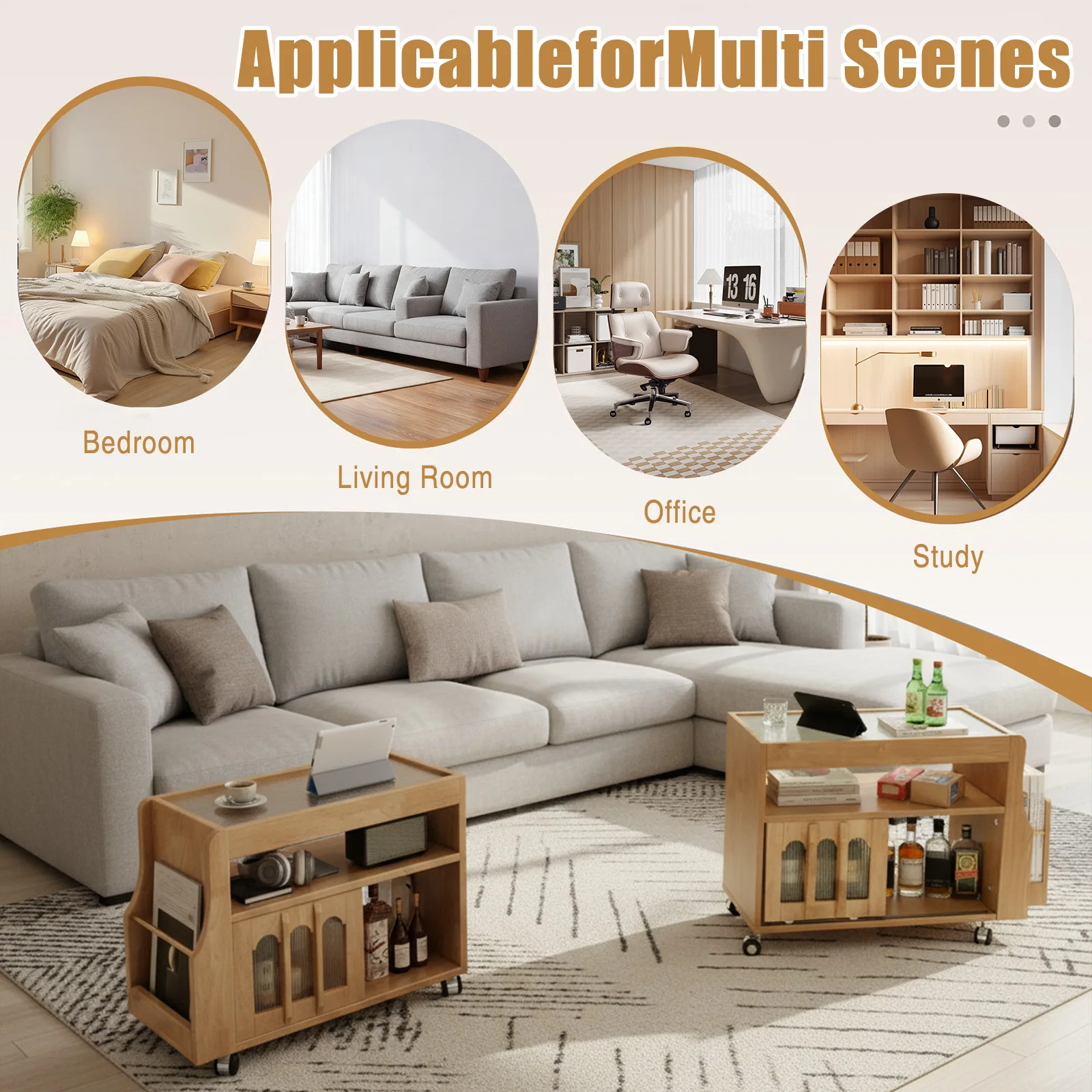 Solid Wood Side Table with Wheels Narrow Side Table with Storage for Bedroom Living Room Dining Room