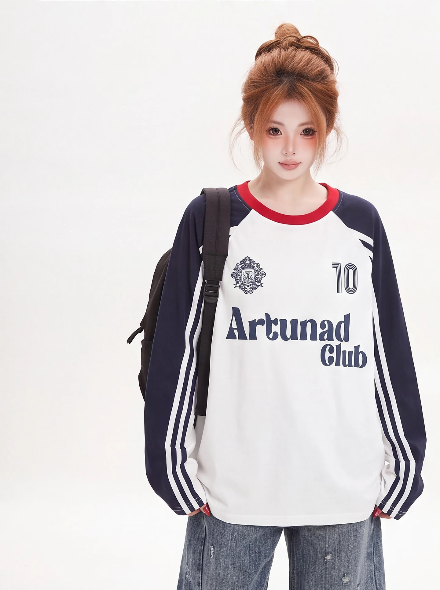 Ant American Retro Letter Print Splicing Color Block Long Sleeve T-Shirt Women Loose College Style Sports Top Cotton Blend