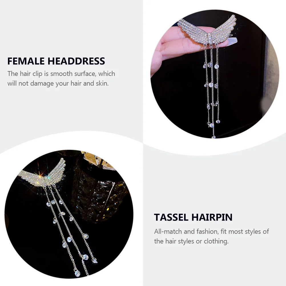 

1pc Tassel Hairpin Rhinestone Studded Wing Design Smooth All-Match Hair Clip For Women Decorative Female Headdress Hair