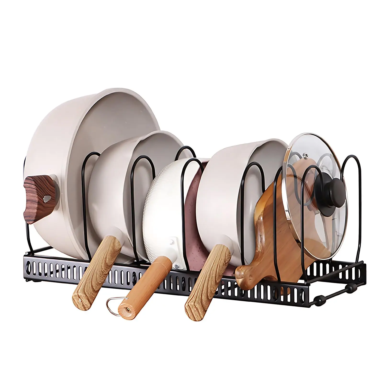 

Expandable Frying Pan Rack, Kitchen Pot Storage Rack with 7/10 Dividers, for Frying Pans, Pots and Pot Lids Multi Kitchen Tools