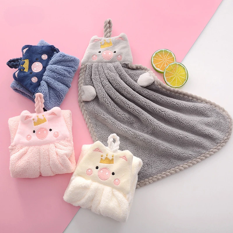 Hanging Towel Coral Velvet Thickened Towels Cute Crown Pig Cartoon Soft Cute Absorbent Towel Kitchen-Towels Bath Towels