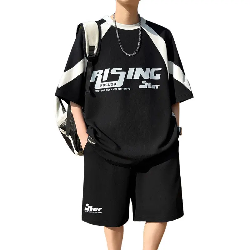 Conjuntos de verano para hombre, ropa de calle, camisetas de manga corta + Pantalones cortos, ropa deportiva transpirable de estilo chino para hombre, trajes de 2 piezas