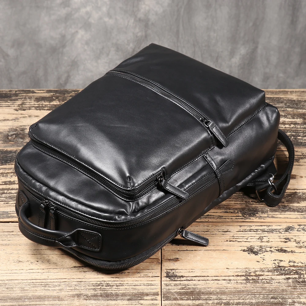 New Genuine Leather Black Backpack, High-Quality First-Layer Cowhide, Large-Capacity Laptop Bag That Fits a15.6-Inch Computer.