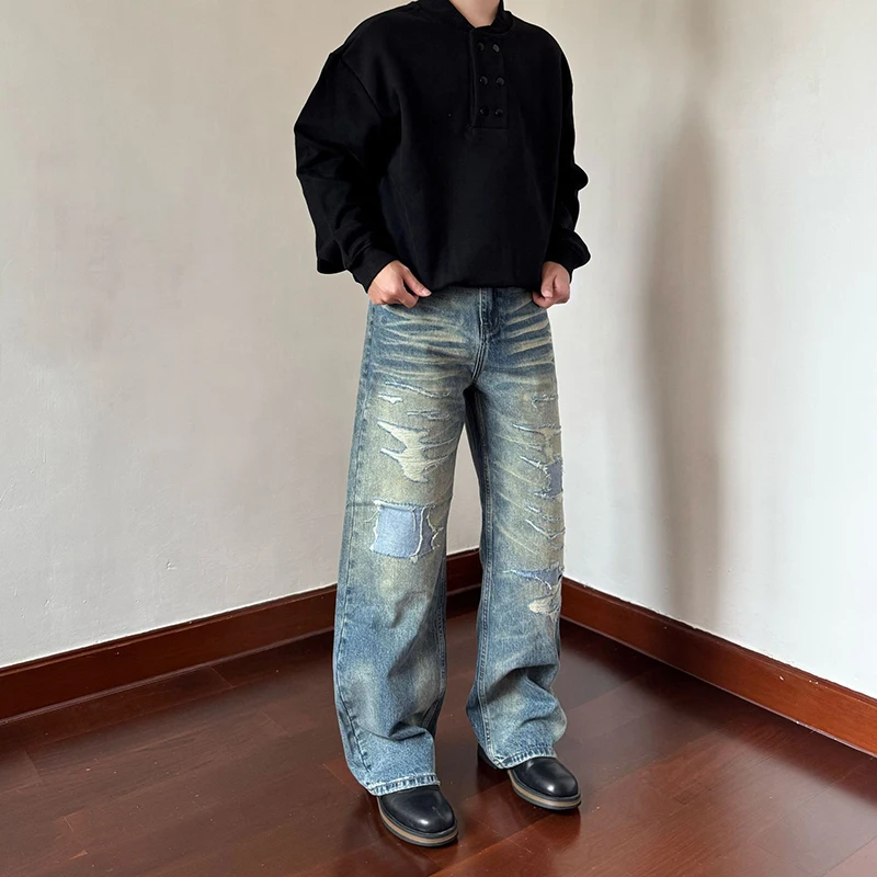 WTHT Fashion Men's Patchwork Do Old Design Denim Pants Vintage High Street Straight Loose Jeans Male 2025 Autumn 2A2371