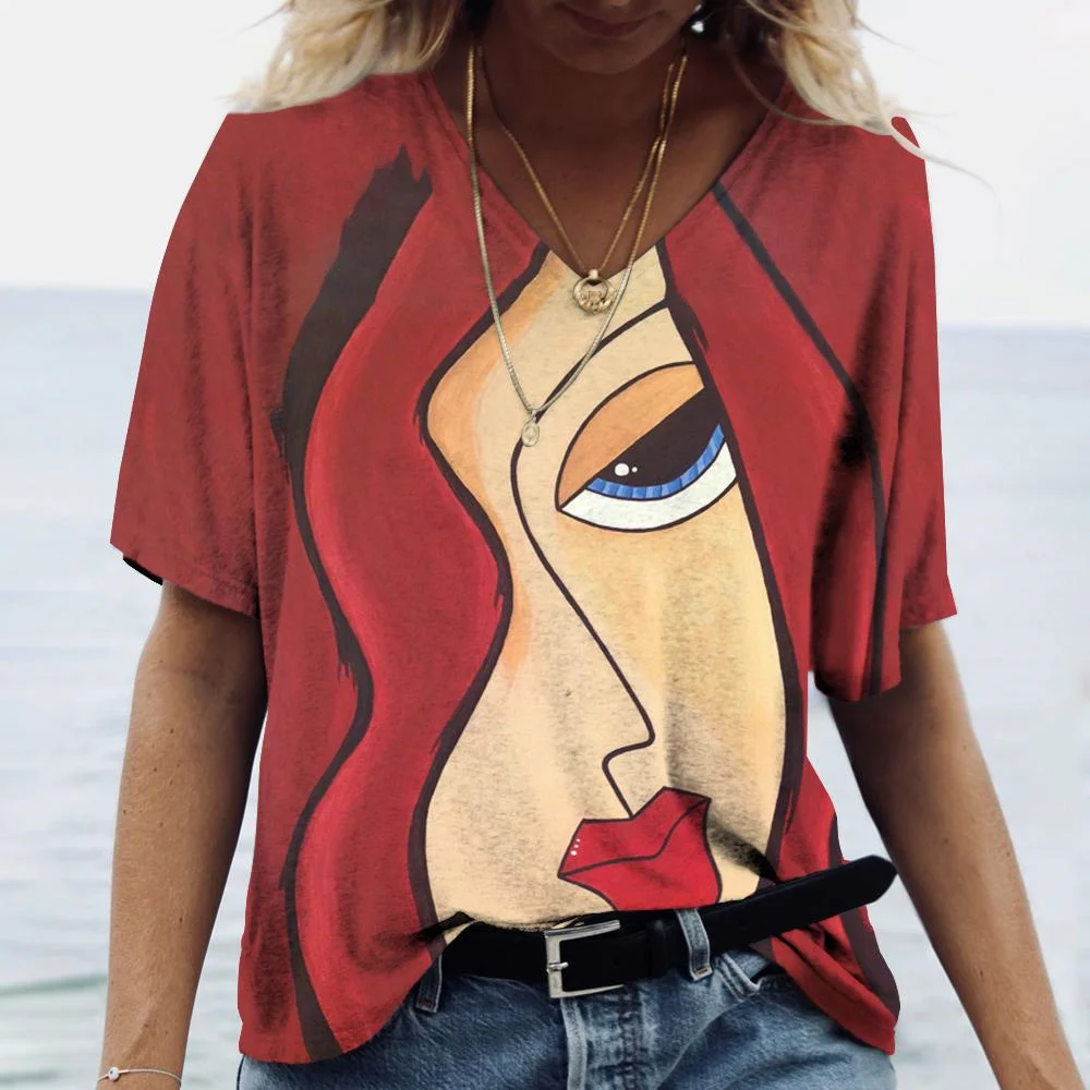 Vintage Women\'s T-shirt V-neck Fashion Top Abstract Face Print Street Style Oversized Shirt Everyday Casual Short Sleeve T-shirt