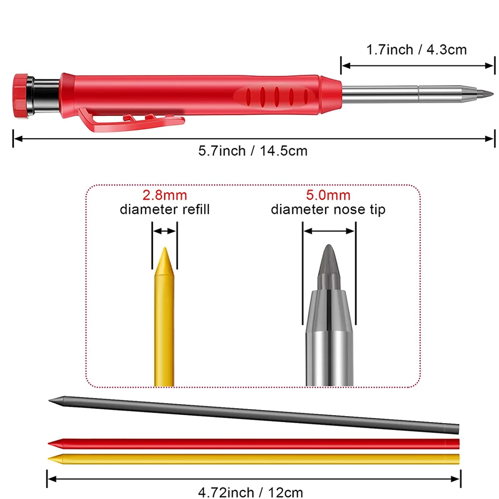 Solid Carpenter Pencil with Refill Leads and Built-in Sharpener for Scriber Wood Floor Marking Pencil Carpentry Marking Scriber