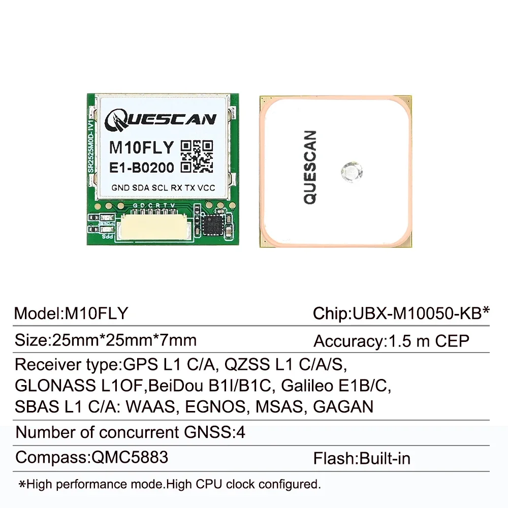 Imagem -05 - Módulo Gps Quescan M10fly 25 mm 10hz M10 com Bússola para Pixhawk Betaflight Apm Inav f4 f7 F405 Gps Galileo Beidou Glonass