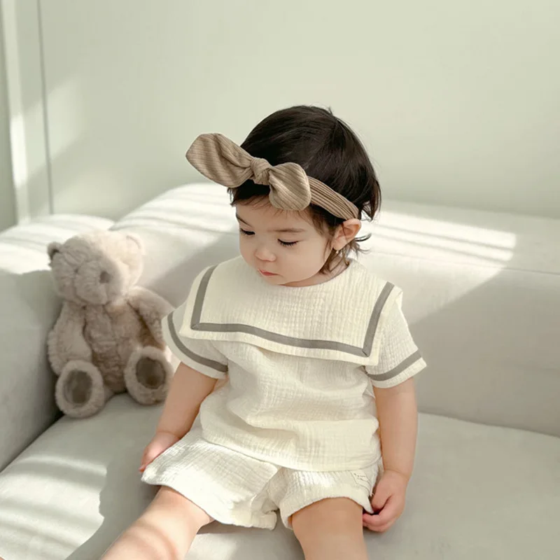 2026 Summer New Baby Short Sleeve Clothes Set Toddler Boy Girl Solid Lapel Tops + Shorts 2pcs Suit Infant Cotton Yarn Outfits