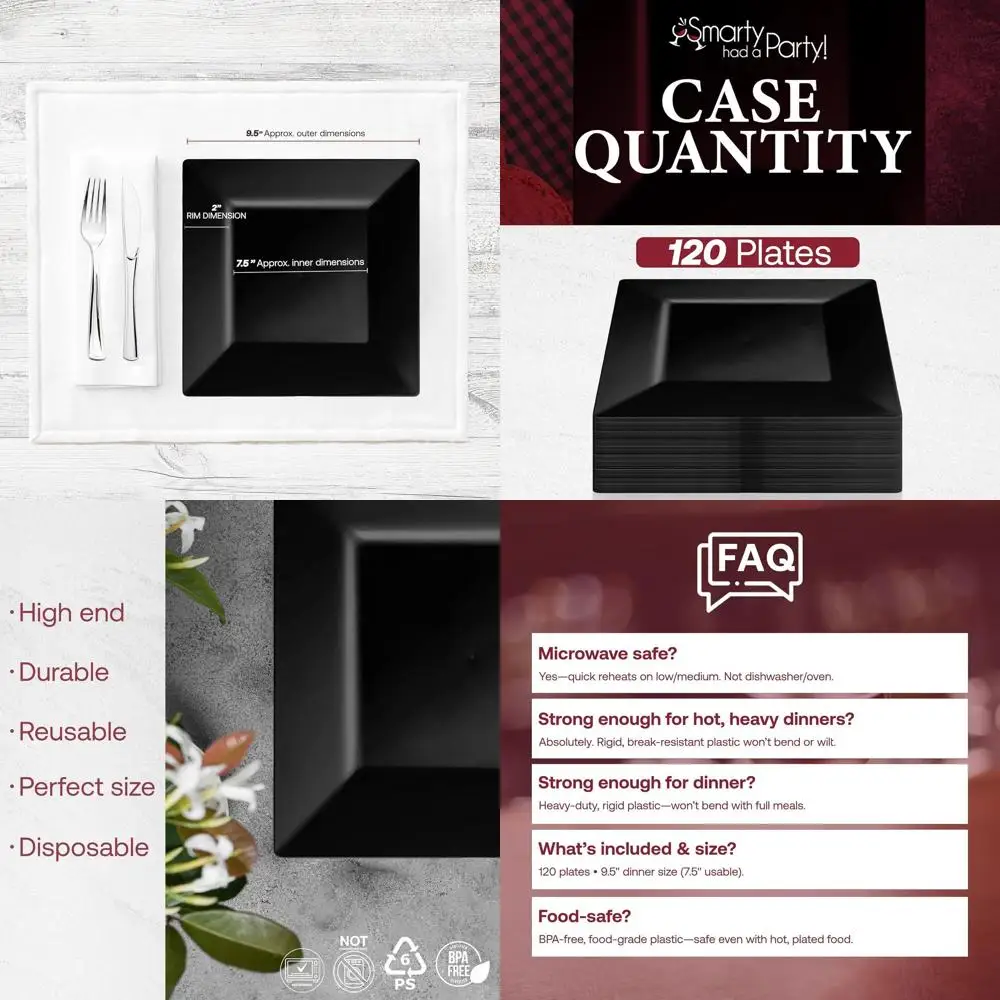 

Elegant 9.5 Disposable Black Square Dinner Plates - Heavy Duty for Parties & Weddings