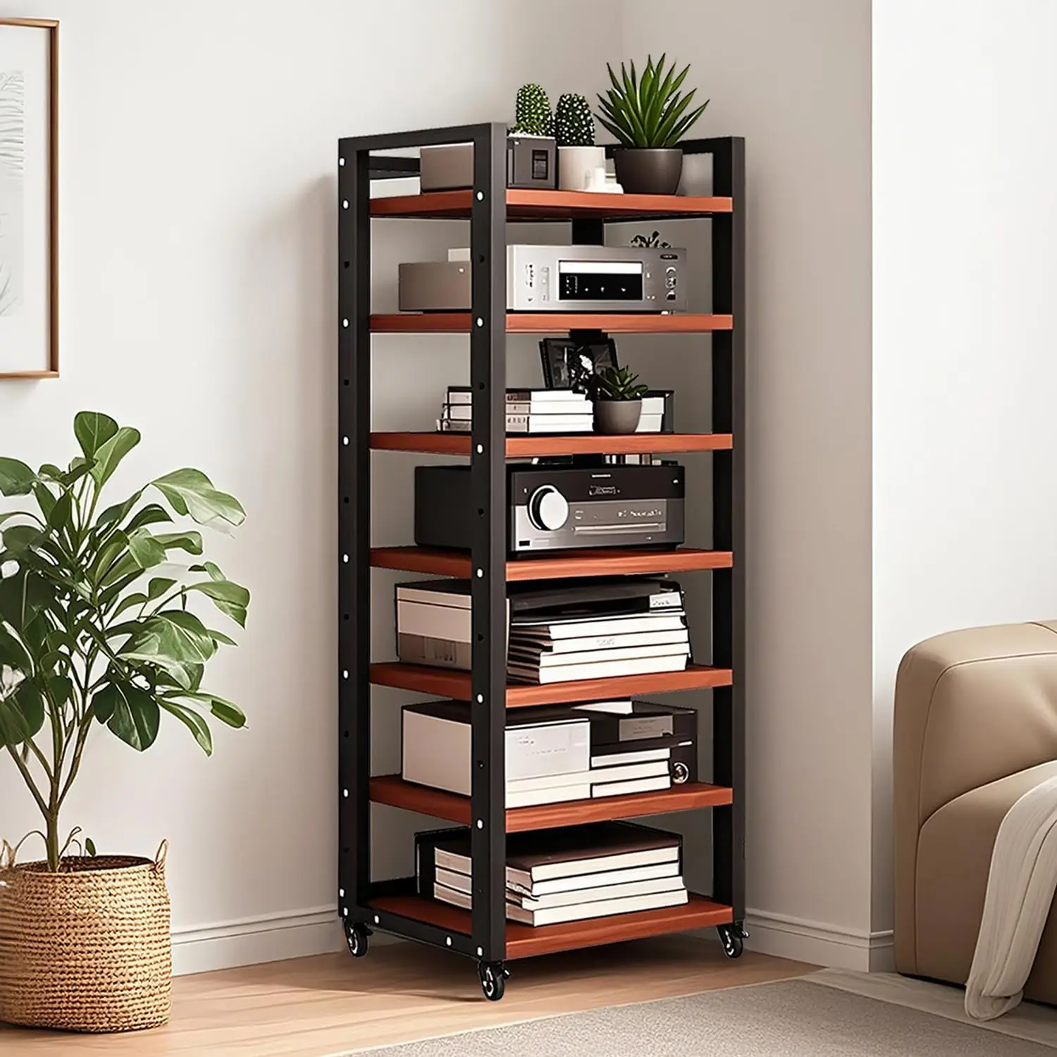 7 Tier Av Media Stand With Wheels, 55in Adjustable Audio Rack | Modern Stereo Racks And Stands, Audio-Video Shelving For Home, O