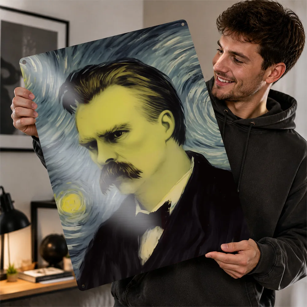 Friedrich Nietzsche Portrait Printed Poster Starry Night Inspired Wall Art For Study Customized Aluminum Metal Sign Thinker Gift