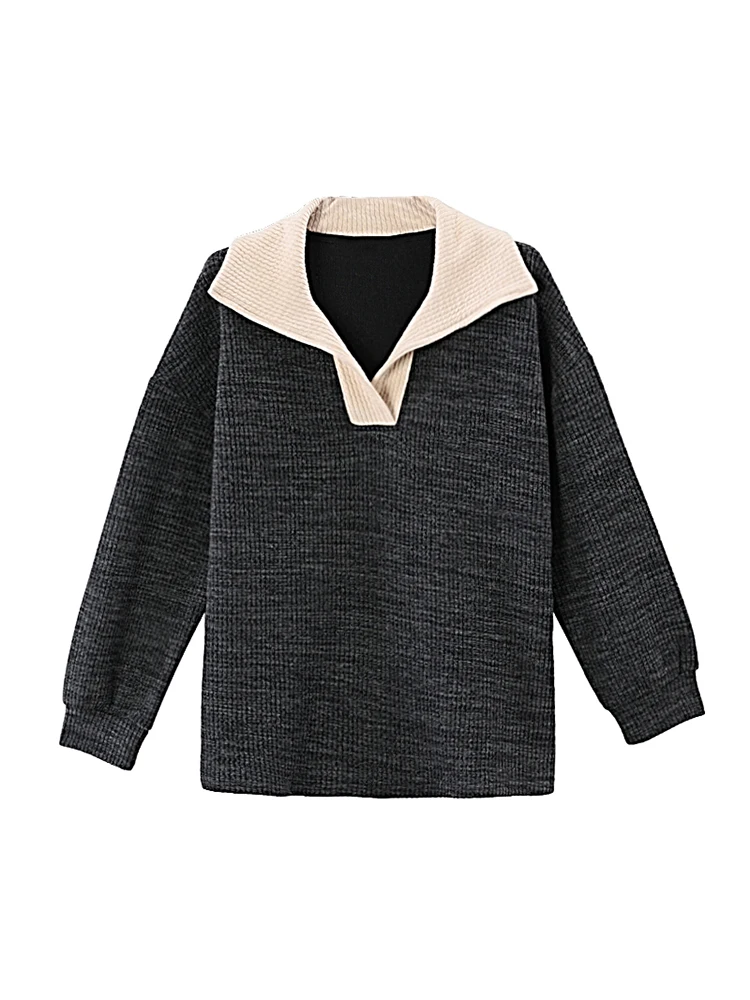 بدوره إلى أسفل طوق محبوك سترة حجم كبير المرأة عادية التخسيس هوديي ألياف البوليستر طويلة Sve الخريف #5