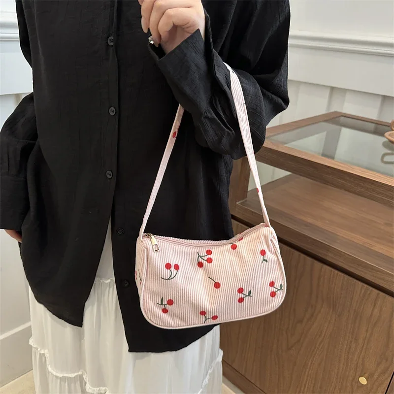 

Women Girls Corduroy Cherry Shoulder Bag Zipper Closure Underarm Bag Cute Purse Shopper Bag for Work Travel