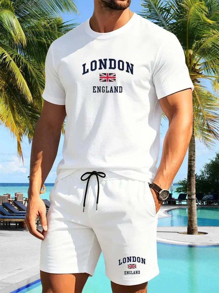 

Sports Style Summer Men's Casual Loose Plus Size London England Print Sportswear Round Neck Short Sleeved T-shirt Two-piece Set