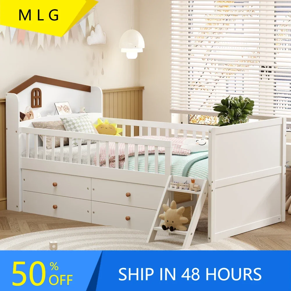 

Twin Bed Frame with Storage 4 Drawers,Wooden Bed Frame for Kids,Platform TwinSize Bed with Guardrail Headboard and Ladder,White
