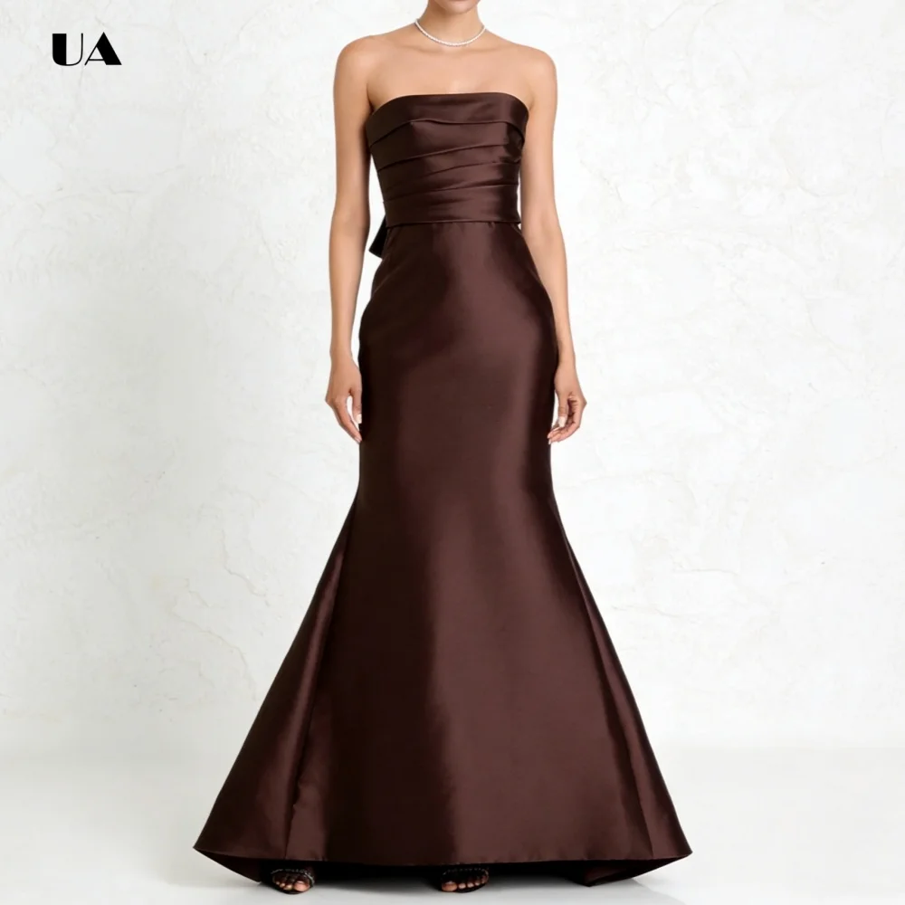 

ULBYANRN Strapless Mermaid Prom Dress with Ruched Detail, Solid Satin Evening Dress, Simple Customized Party Gown
