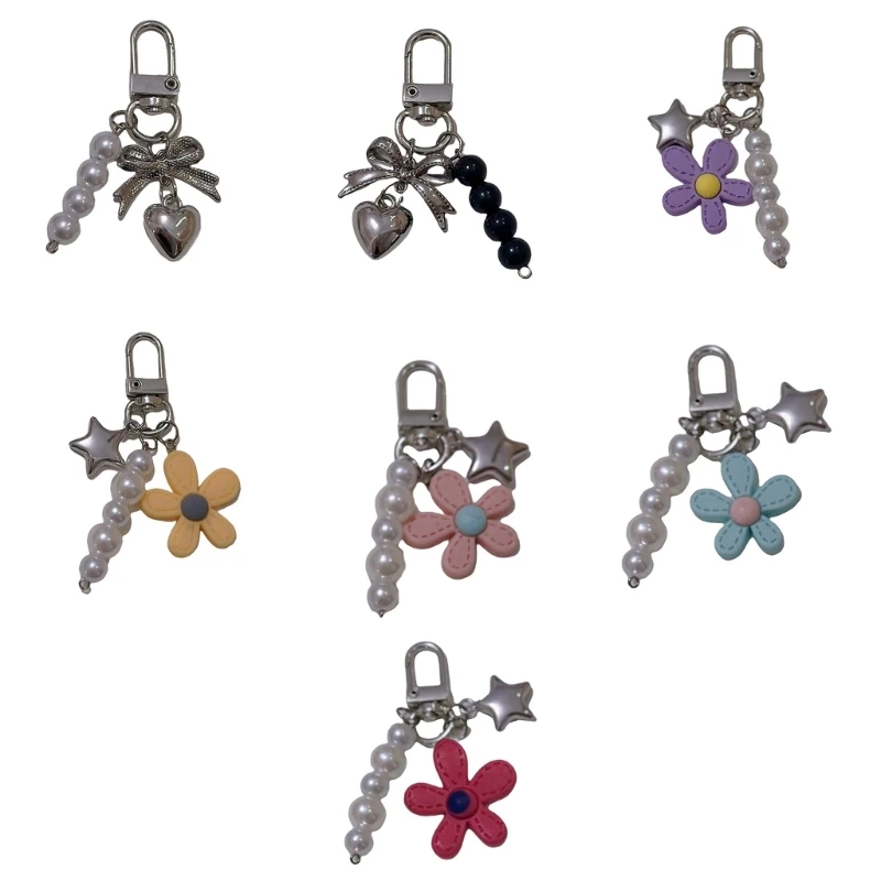 Y166 Flower Charm Beads Keychain Star Bag Pendant Soft Key Adornment Fashion Bag Accessory Heart Key Holder for Daily Party