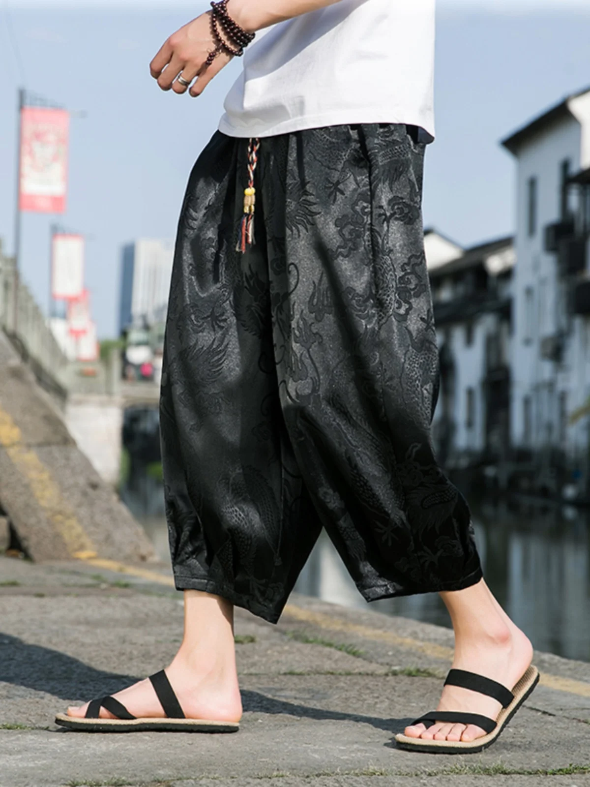 

Ice Silk Men's Seven-Foot Pants Summer Trendy Brand Drapey Straight Leg High-Waisted Lantern Pants Qui Dry Beach orts