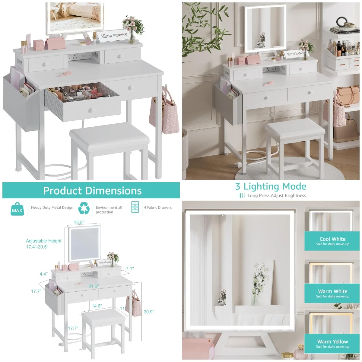 

White Makeup Vanity Desk with Mirror & Lights, Includes Chair, Drawers, Power Outlet for Small Bedroom