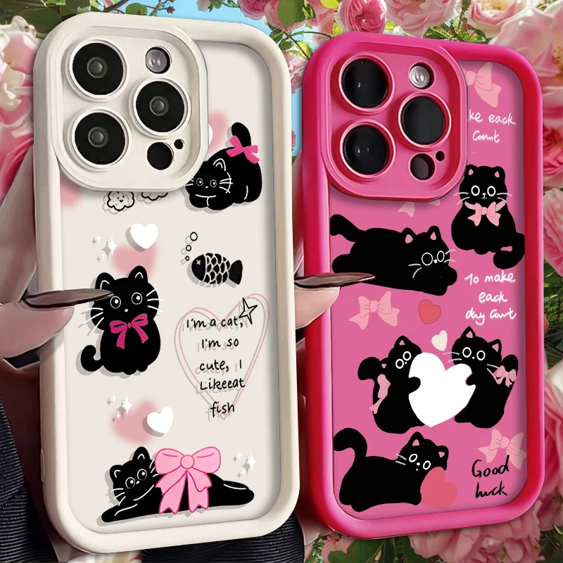 Bow Cute Black Cat Kitten Case for Xiaomi 14T 13T 12T 11T 13 12 11 Lite 5G NE POCO X6 X5 F6 F5 F3 X4 GT X3 NFC M6 Pro 4G Cover