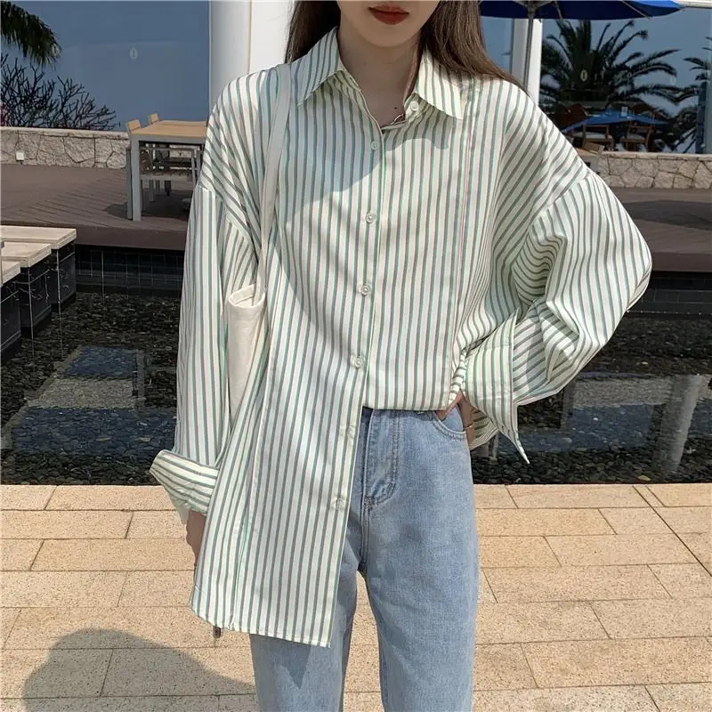 Woman Top Summer Green Long Striped Loose Shirts & Blouses for Women Full Sleeve Button Up Youthful Clothes New 2024 Tall Cool M