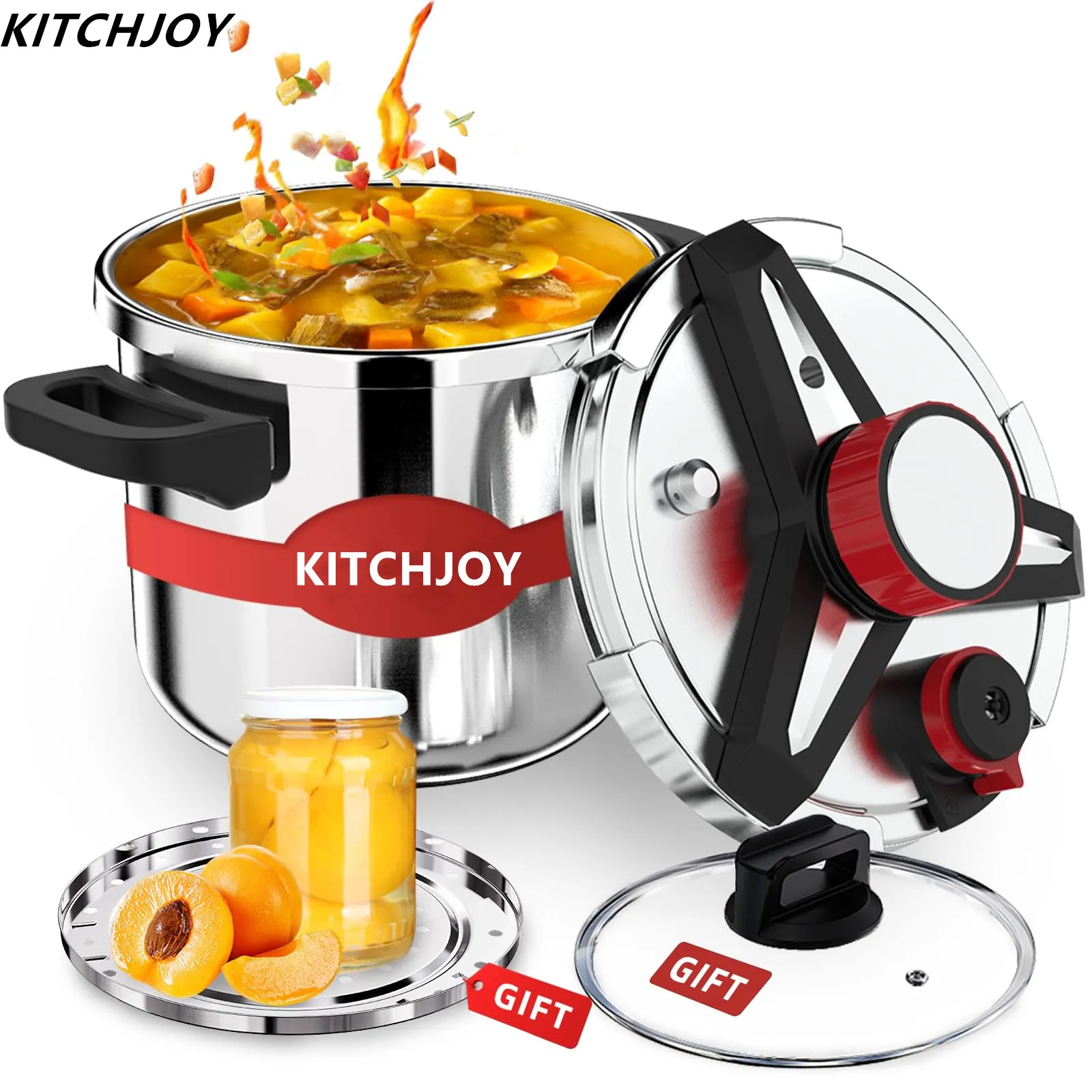 

KITCHJOY 3в1 Скороварка из нержавеющей стали 6л 8л 10л 12л Консерв под давлением Индукционная совместимая стойка для пароварки со стеклянной крышкой в комплекте