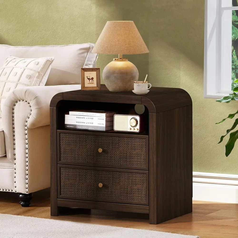 

Прикроватная тумбочка из ротанга 23.6 с местом для хранения, в богемном стиле, с изогнутым дизайном, для зарядки, для гостиной или спальни