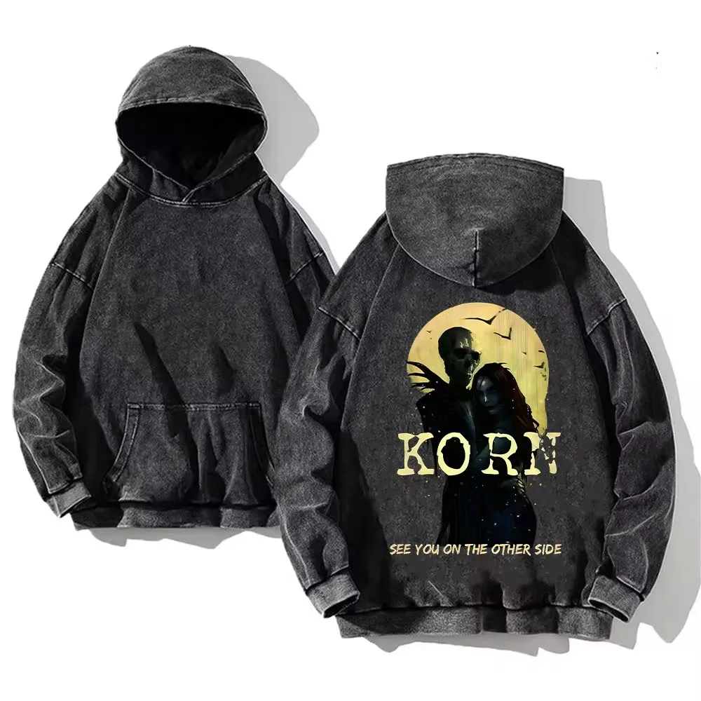 Korn Rock Band World Tour Hoodies Vintage Washed Men\'s Sweatshirts Cotton Hip Hop Streetwear Hooded Pullover Loose Y2K Tops